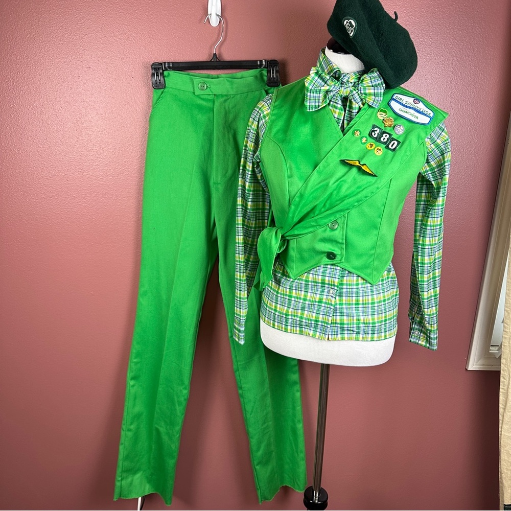 Vintage 1981 Girl Scout Uniform in Bright Green Pants Set with Badges and Sash